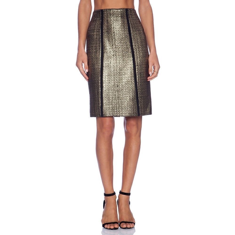 ALEXIS Metallic Gold & Black Tweed Midi Pencil Skirt S